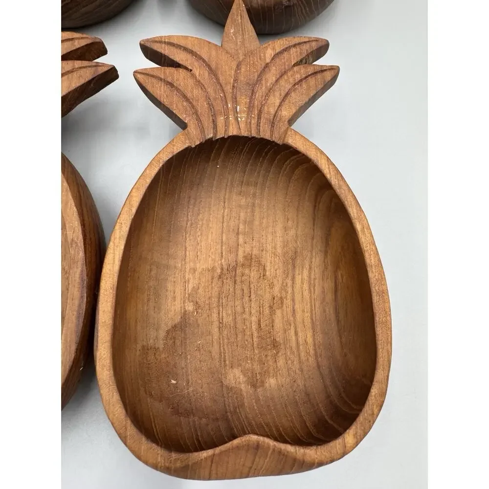 Vintage Pineapple Shaped Wooden Serving Bowls Hand Carved Lot Of 4